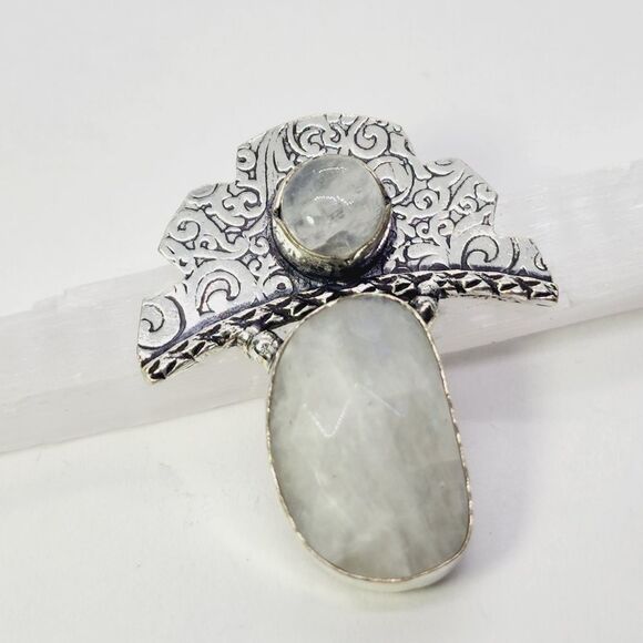 Rainbow Moonstone Crescent Moon Silver Plated Antique Style Pendant Size 1.6" - Picture 1 of 5